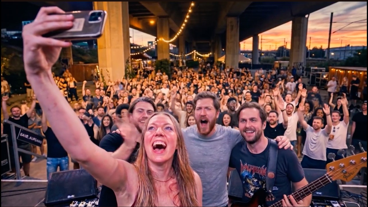 Jubelnde Menschenmenge bei einem Konzert unter einer Brücke bei Sonnenuntergang