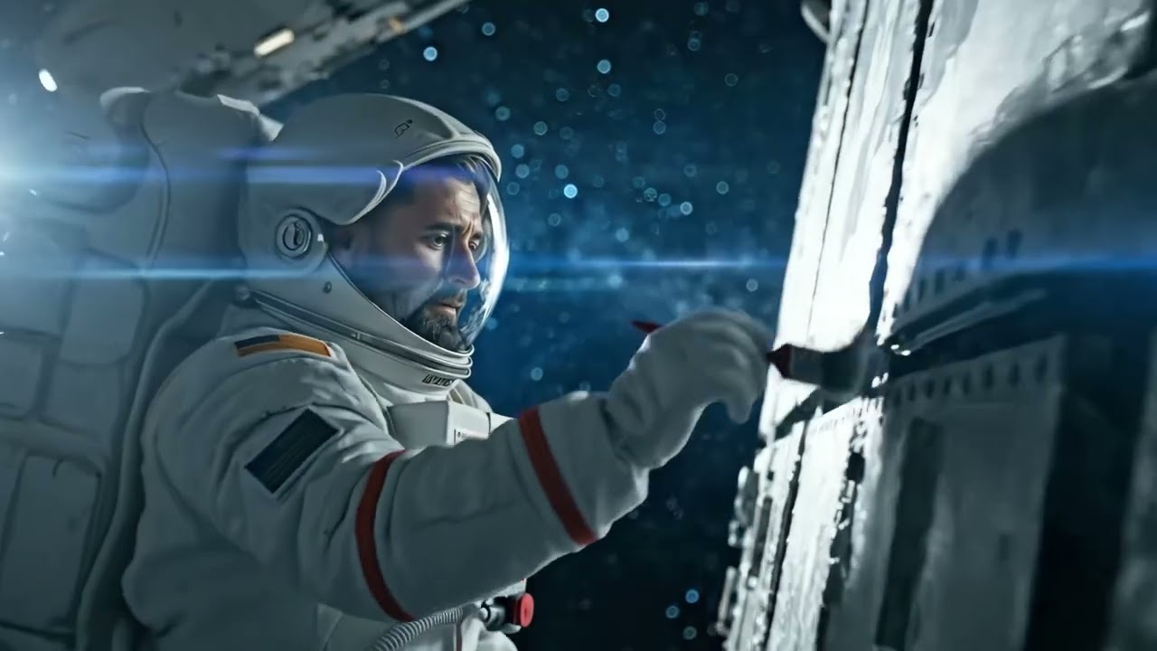 Astronaut streicht im Weltall eine Raumschiffwand