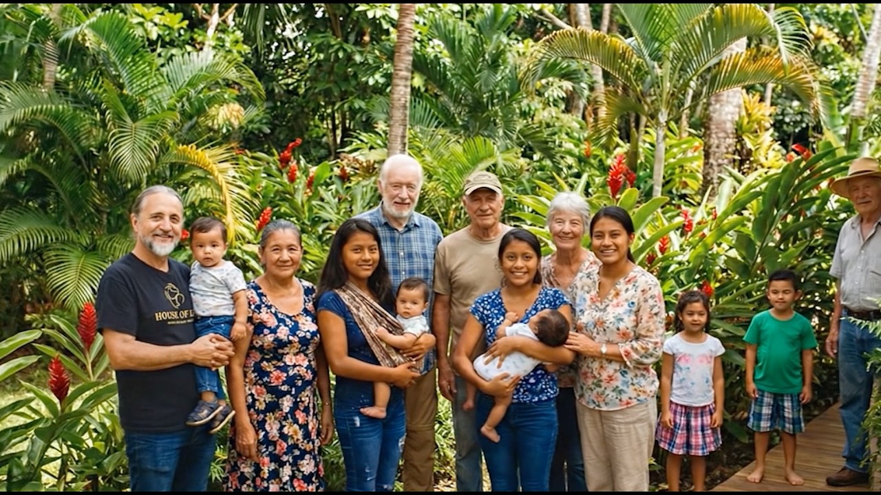 Große Familiengruppe von House of Life in einem tropischen Garten